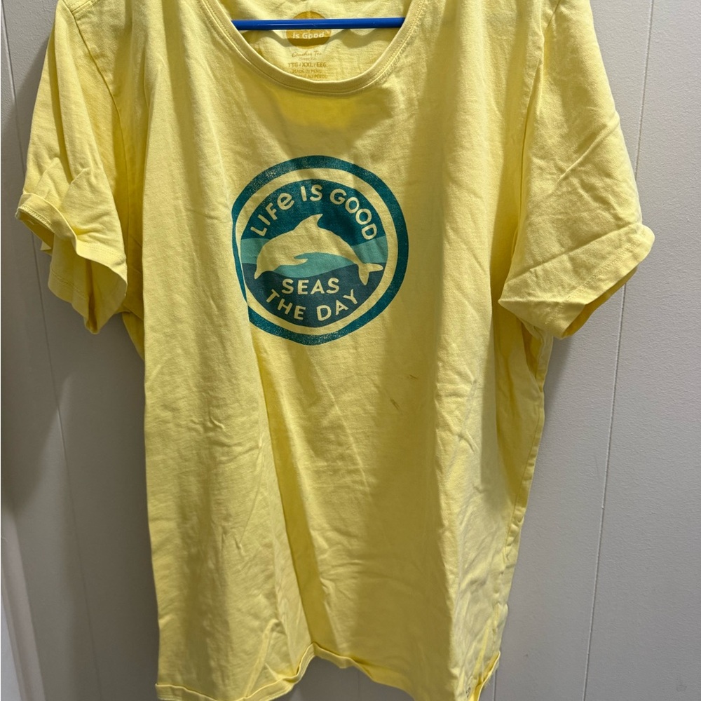 Life Is Good Yellow Tee with Dolphin Graphic